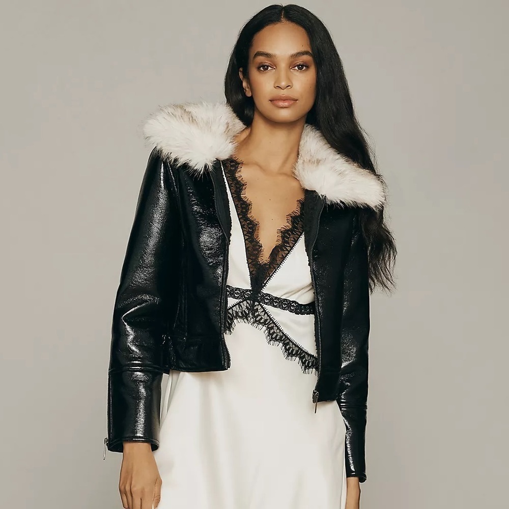 NWT Unreal Fur Wet Look Faux Patent Leather Aviator Jacket - Picture 6 of 7